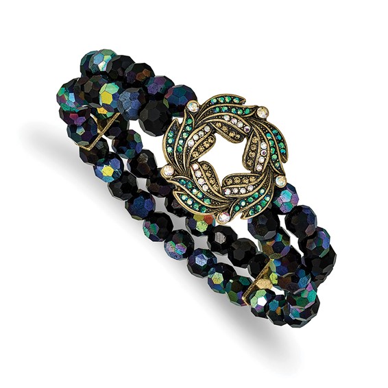 1928 Gold-tone Blue Iridescent Aurora Borealis Glass Wreath and Black Bead Bracelet