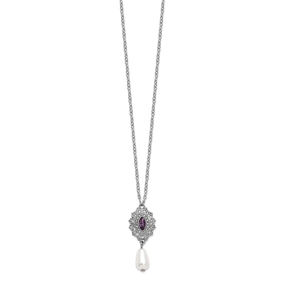 1928 Silver-tone Purple Crystal with Imitation Pearl Drop 16 inch with a 3 inch Extender Necklace