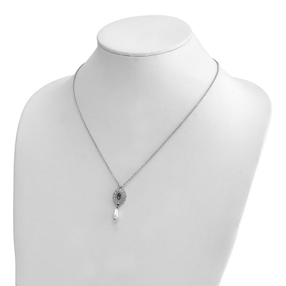 1928 Silver-tone Purple Crystal with Imitation Pearl Drop 16 inch with a 3 inch Extender Necklace