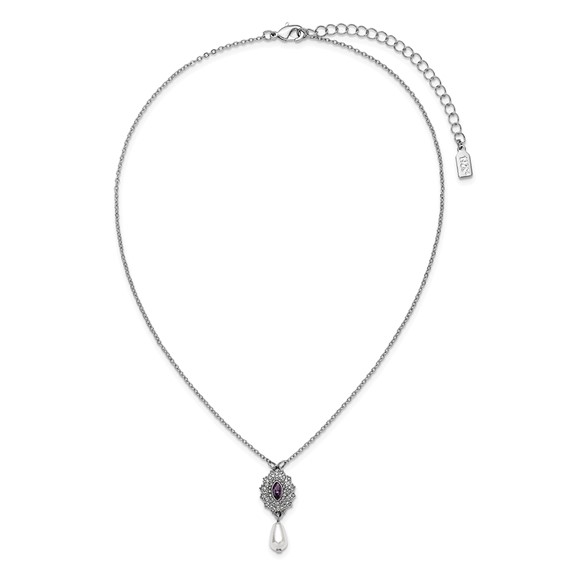 1928 Silver-tone Purple Crystal with Imitation Pearl Drop 16 inch with a 3 inch Extender Necklace