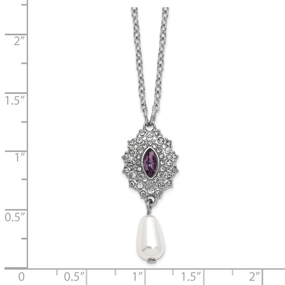 1928 Silver-tone Purple Crystal with Imitation Pearl Drop 16 inch with a 3 inch Extender Necklace