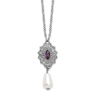 1928 Silver-tone Purple Crystal with Imitation Pearl Drop 16 inch with a 3 inch Extender Necklace