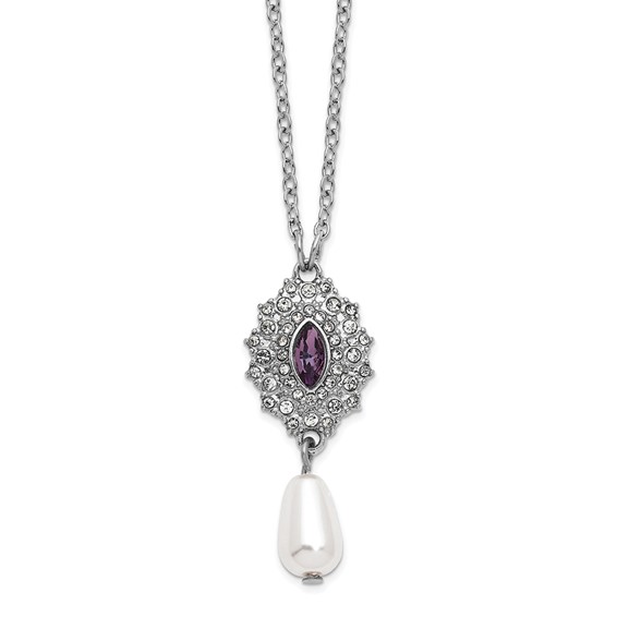 1928 Silver-tone Purple Crystal with Imitation Pearl Drop 16 inch with a 3 inch Extender Necklace