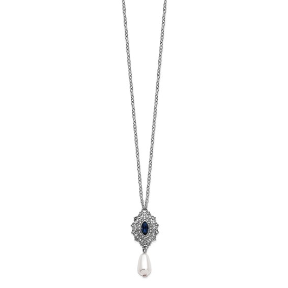 1928 Silver-tone Blue Crystal with Imitation Pearl Drop 16 inch with a 3 inch Extender Necklace