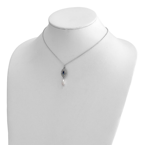 1928 Silver-tone Blue Crystal with Imitation Pearl Drop 16 inch with a 3 inch Extender Necklace