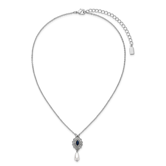1928 Silver-tone Blue Crystal with Imitation Pearl Drop 16 inch with a 3 inch Extender Necklace