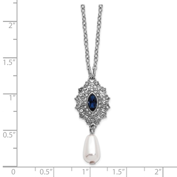 1928 Silver-tone Blue Crystal with Imitation Pearl Drop 16 inch with a 3 inch Extender Necklace