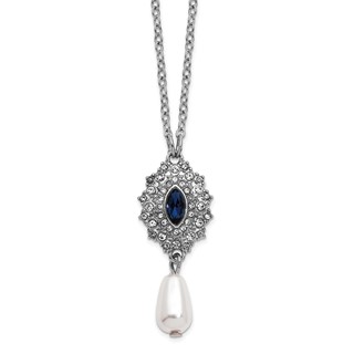 1928 Silver-tone Blue Crystal with Imitation Pearl Drop 16 inch with a 3 inch Extender Necklace