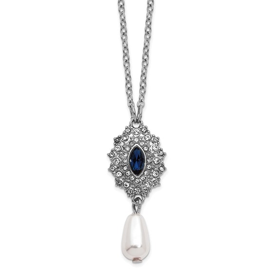 1928 Silver-tone Blue Crystal with Imitation Pearl Drop 16 inch with a 3 inch Extender Necklace
