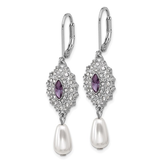 1928 Silver-tone Purple Crystal with Imitation Pearl Dangle Leverback Earrings
