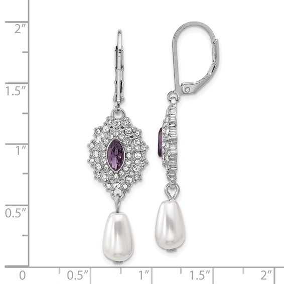 1928 Silver-tone Purple Crystal with Imitation Pearl Dangle Leverback Earrings