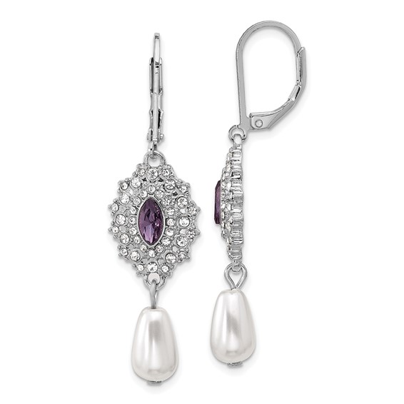 1928 Silver-tone Purple Crystal with Imitation Pearl Dangle Leverback Earrings