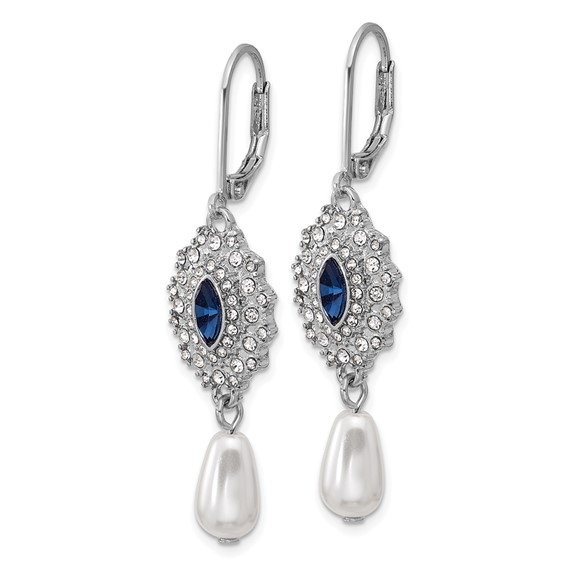 1928 Silver-tone Blue Crystal with Imitation Pearl Dangle Leverback Earrings