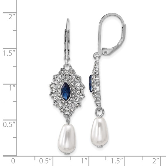 1928 Silver-tone Blue Crystal with Imitation Pearl Dangle Leverback Earrings