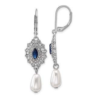 1928 Silver-tone Blue Crystal with Imitation Pearl Dangle Leverback Earrings