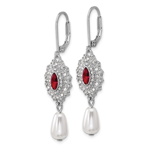 1928 Silver-tone Red Crystal with Imitation Pearl Dangle Leverback Earrings
