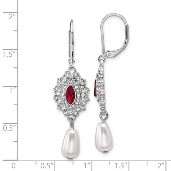 1928 Silver-tone Red Crystal with Imitation Pearl Dangle Leverback Earrings