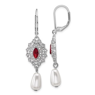 1928 Silver-tone Red Crystal with Imitation Pearl Dangle Leverback Earrings