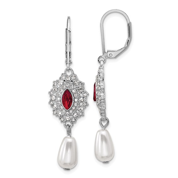 1928 Silver-tone Red Crystal with Imitation Pearl Dangle Leverback Earrings