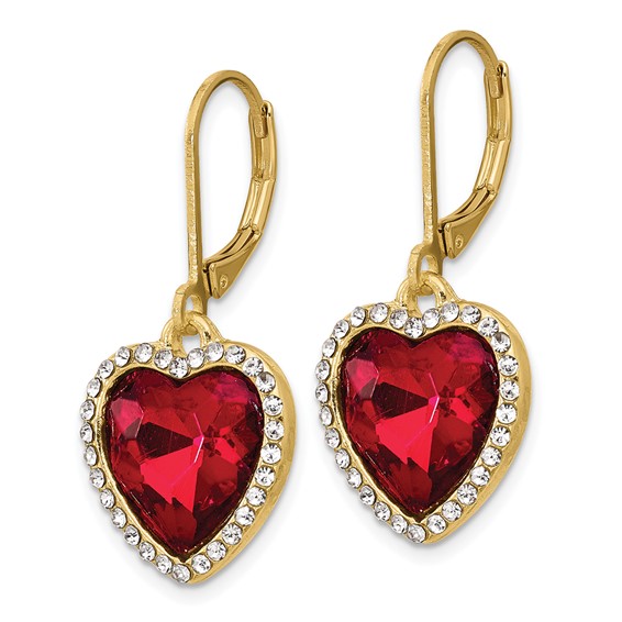 1928 Gold-tone White and Red Crystal Heart Dangle Leverback Earrings