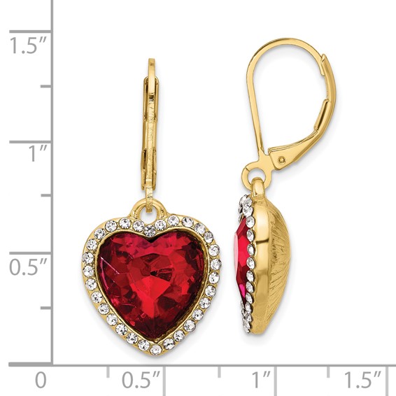 1928 Gold-tone White and Red Crystal Heart Dangle Leverback Earrings