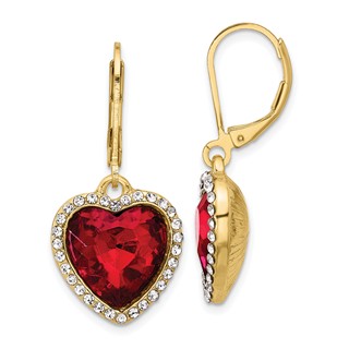 1928 Gold-tone White and Red Crystal Heart Dangle Leverback Earrings