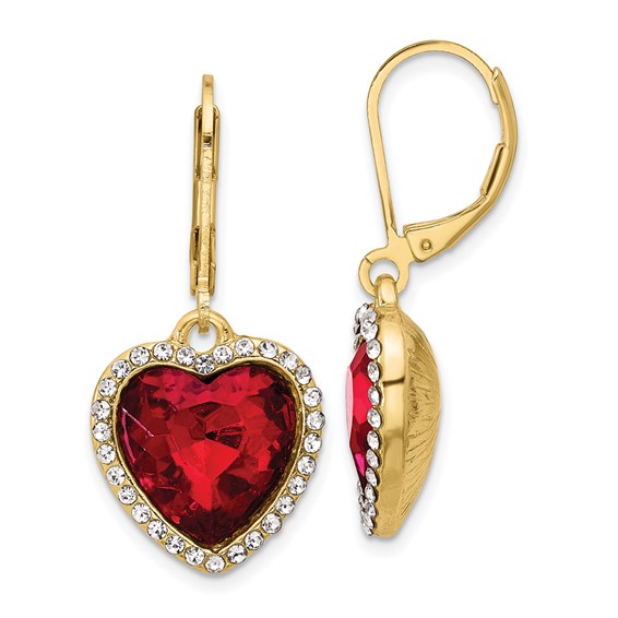 1928 Gold-tone White and Red Crystal Heart Dangle Leverback Earrings