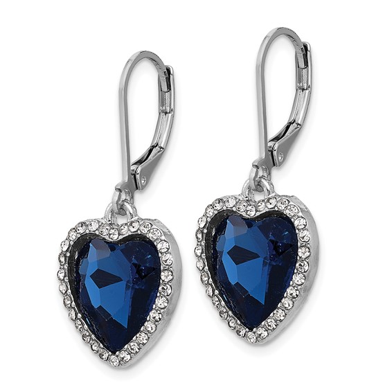 1928 Silver-tone White and Blue Crystal Heart Dangle Leverback Earrings