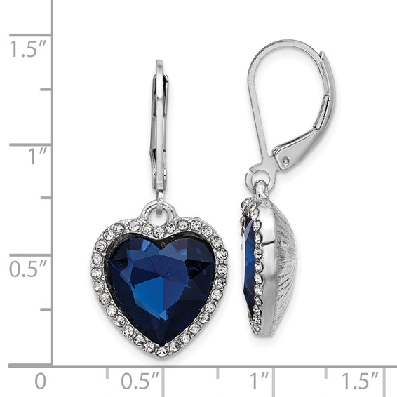 1928 Silver-tone White and Blue Crystal Heart Dangle Leverback Earrings