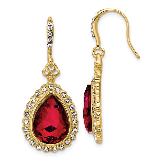 1928 Gold-tone White and Red Crystal Teardrop Dangle Earrings