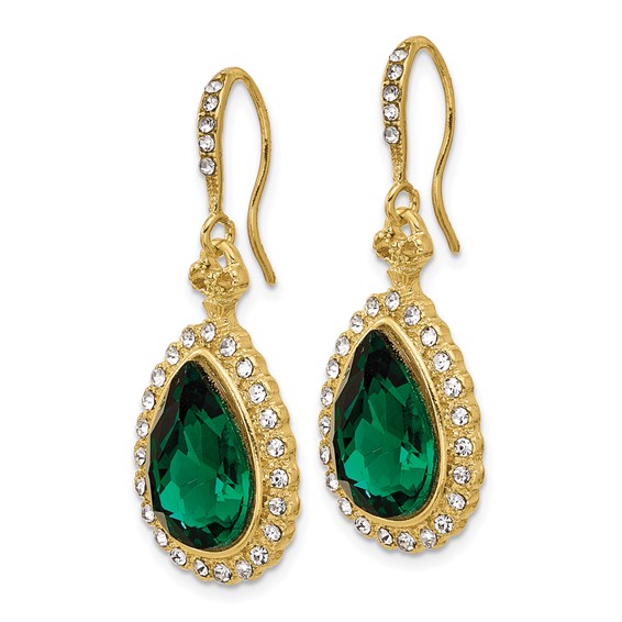1928 Gold-tone White and Green Crystal Teardrop Dangle Earrings