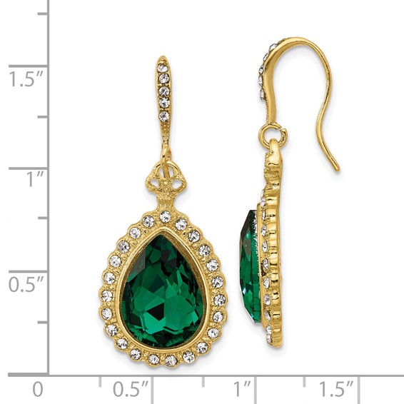 1928 Gold-tone White and Green Crystal Teardrop Dangle Earrings