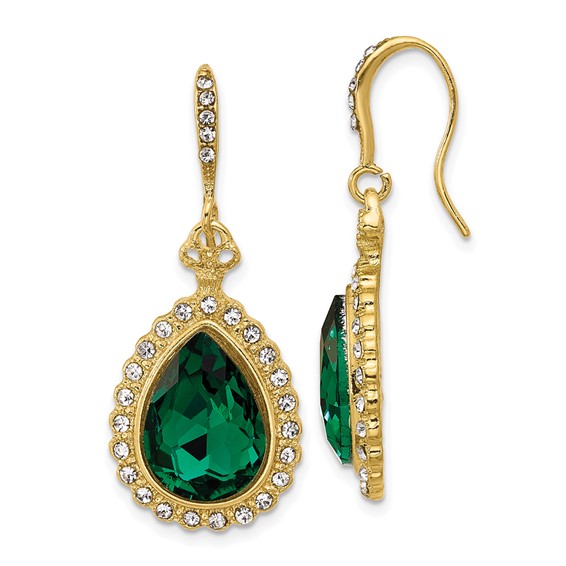 1928 Gold-tone White and Green Crystal Teardrop Dangle Earrings