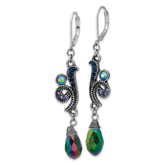 1928 Silver-tone Blue Crystal and Iridescent Aurora Borealis Bead Dangle Leverback Earring
