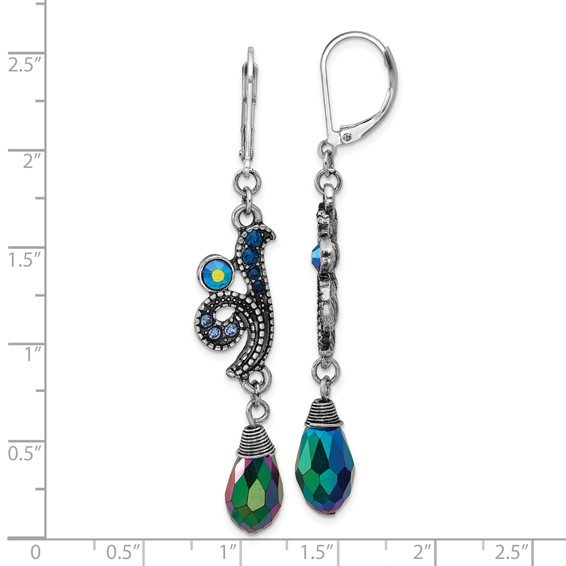 1928 Silver-tone Blue Crystal and Iridescent Aurora Borealis Bead Dangle Leverback Earring