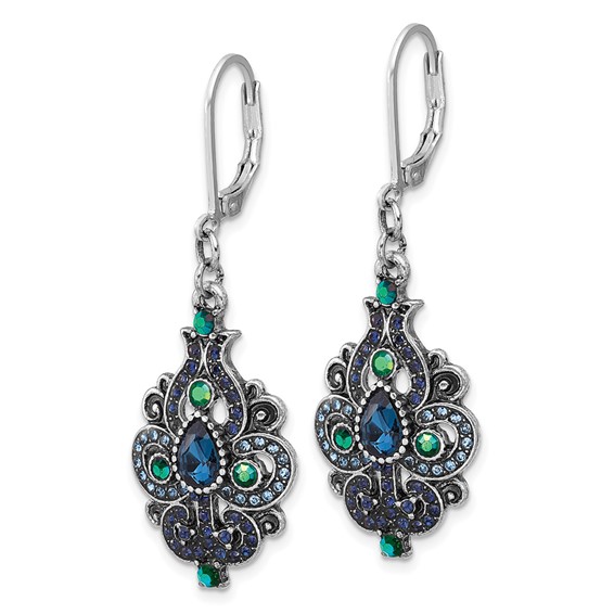 1928 Silver-tone Blue Crystal and Iridescent Aurora Borealis Stone Dangle Leverback Earrings