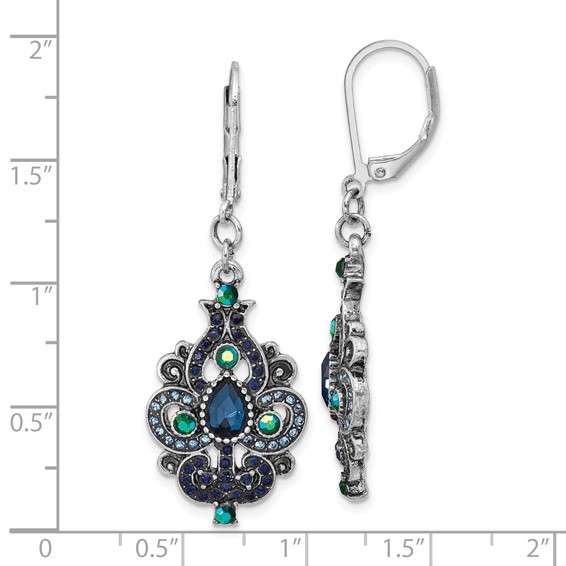 1928 Silver-tone Blue Crystal and Iridescent Aurora Borealis Stone Dangle Leverback Earrings