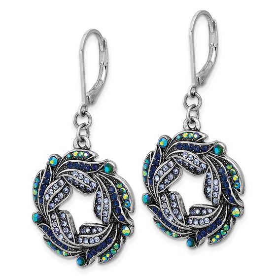 1928 Silver-tone Iridescent Aurora Borealis and Blue Crystal Wreath Leverback Dangle Earrings