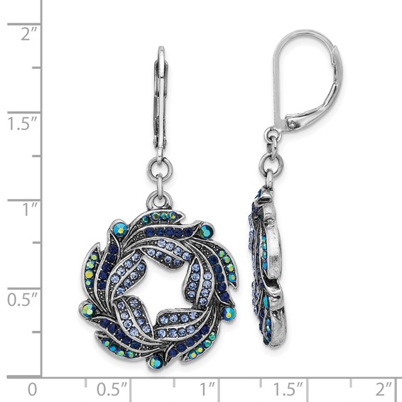 1928 Silver-tone Iridescent Aurora Borealis and Blue Crystal Wreath Leverback Dangle Earrings