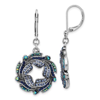 1928 Silver-tone Iridescent Aurora Borealis and Blue Crystal Wreath Leverback Dangle Earrings