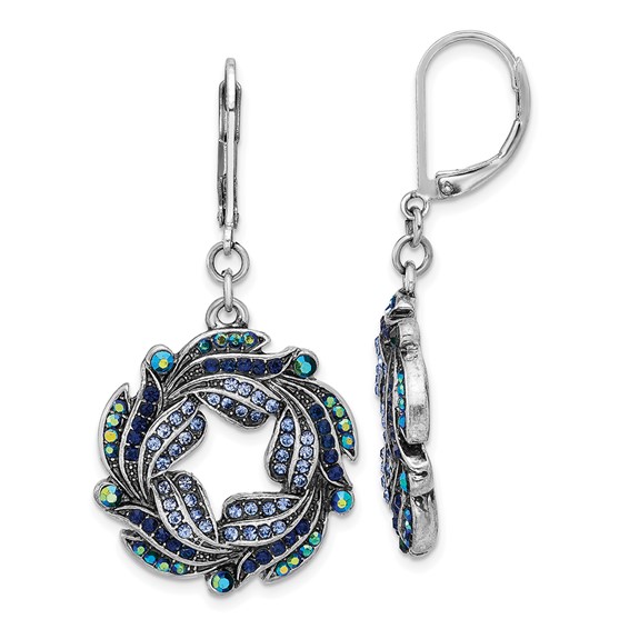1928 Silver-tone Iridescent Aurora Borealis and Blue Crystal Wreath Leverback Dangle Earrings