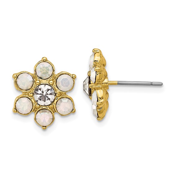 1928 Gold-tone Imitiation Opal and Crystal Flower Post Earrings