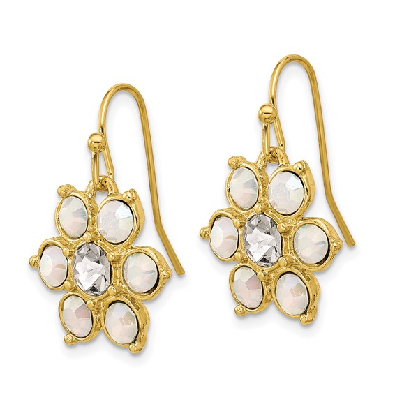 1928 Gold-tone Imitation Opal and Crystal Flower Dangle Earrings