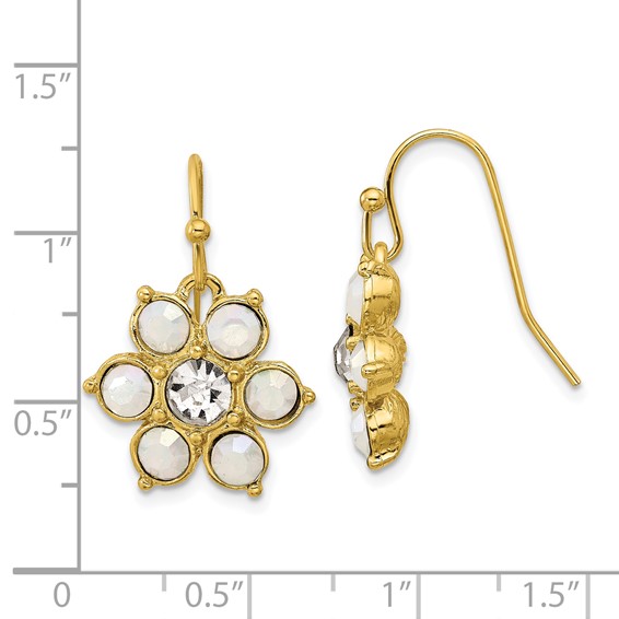 1928 Gold-tone Imitation Opal and Crystal Flower Dangle Earrings