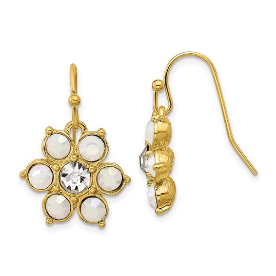 1928 Gold-tone Imitation Opal and Crystal Flower Dangle Earrings