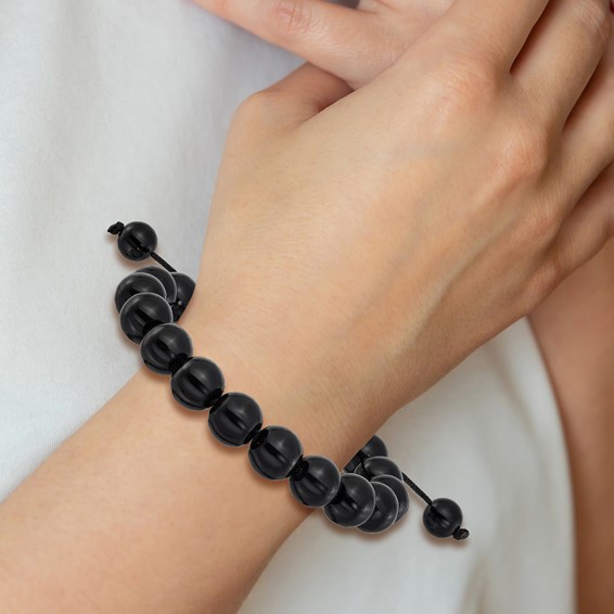 Onyx Beads on Black Polyester Cord Adjustable Bolo Bracelet