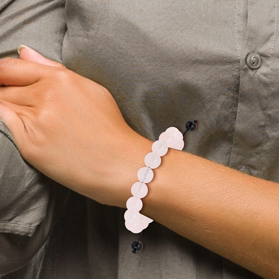 Rose Quartz and Onyx Beads on Black Polyester Cord Adjustable Bolo Bracelet