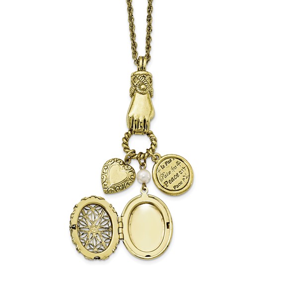 1928 Jewelry Brass-tone Hand Holding Oval 28mm Locket  and Polished Heart and Peace Charm 30 inch Necklace Holds 2 Photos
