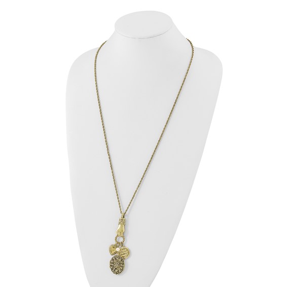 1928 Jewelry Brass-tone Hand Holding Oval 28mm Locket  and Polished Heart and Peace Charm 30 inch Necklace Holds 2 Photos