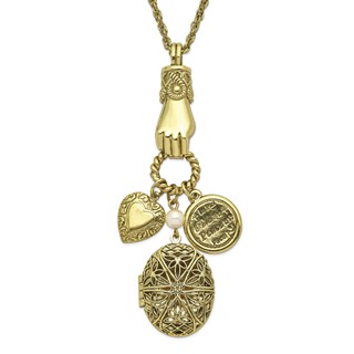 1928 Jewelry Brass-tone Hand Holding Oval 28mm Locket  and Polished Heart and Peace Charm 30 inch Necklace Holds 2 Photos